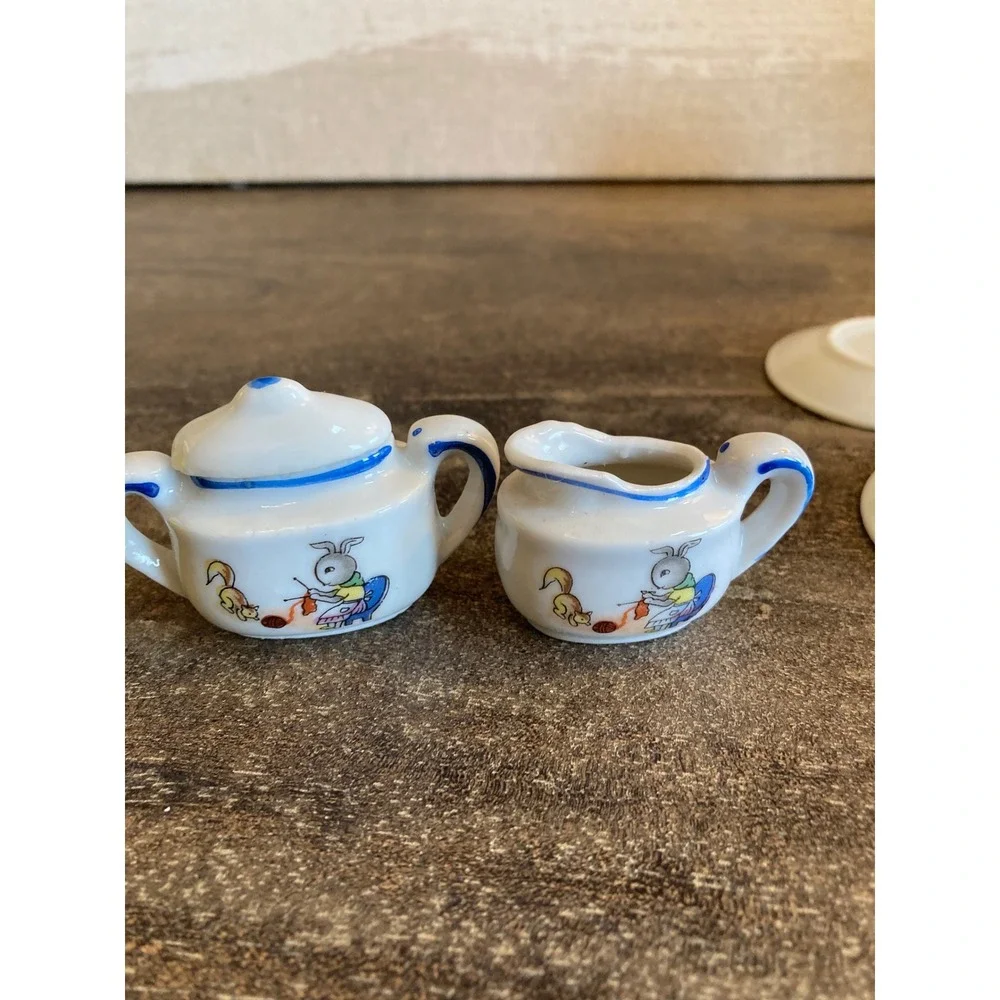 Vintage Miniature Porcelain Tea Set Bunny Squirrel Knitting Made in Japan 8pc